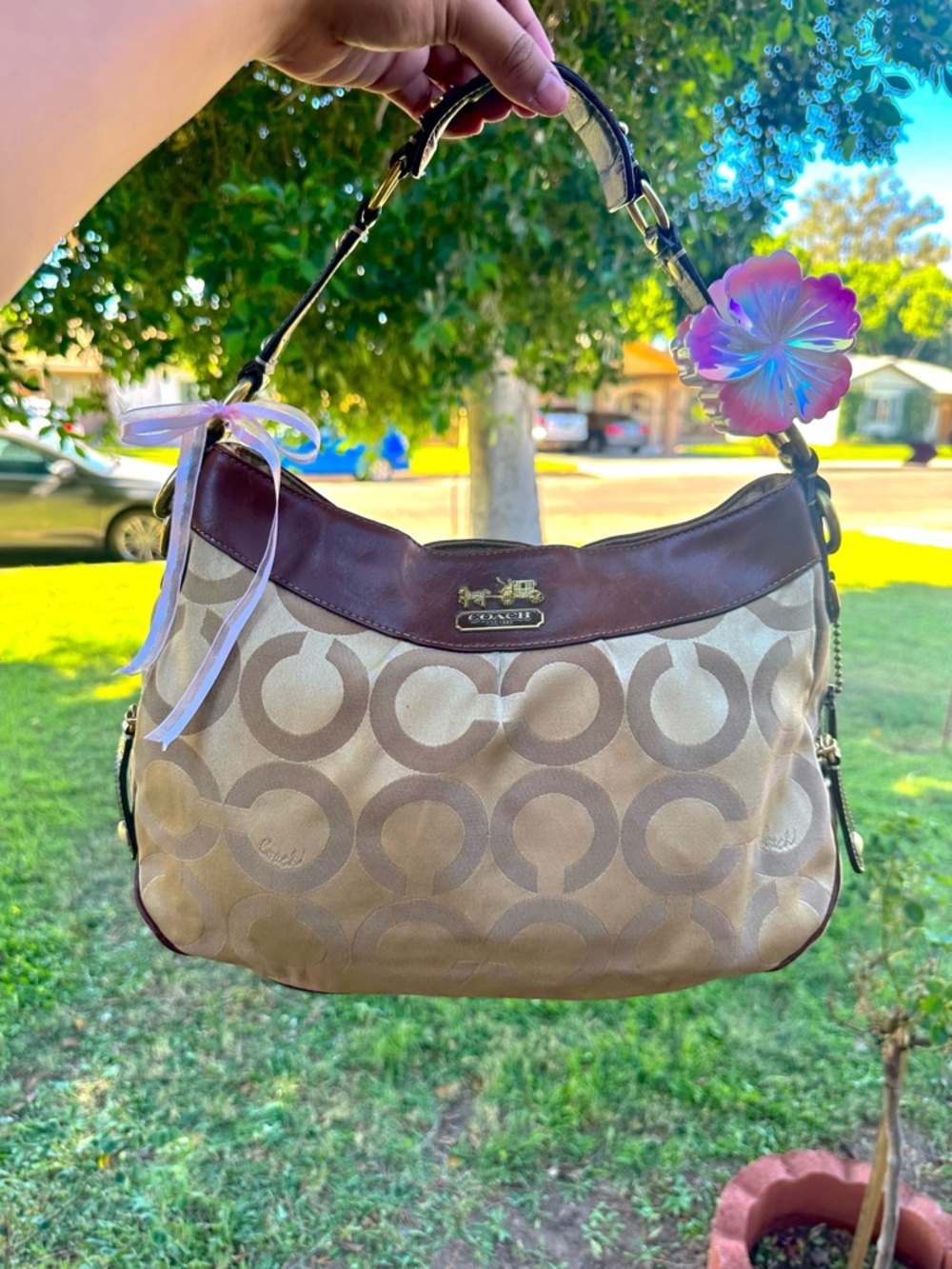 Coach Tan and Brown Signature 'C' Canvas Shoulder Bag